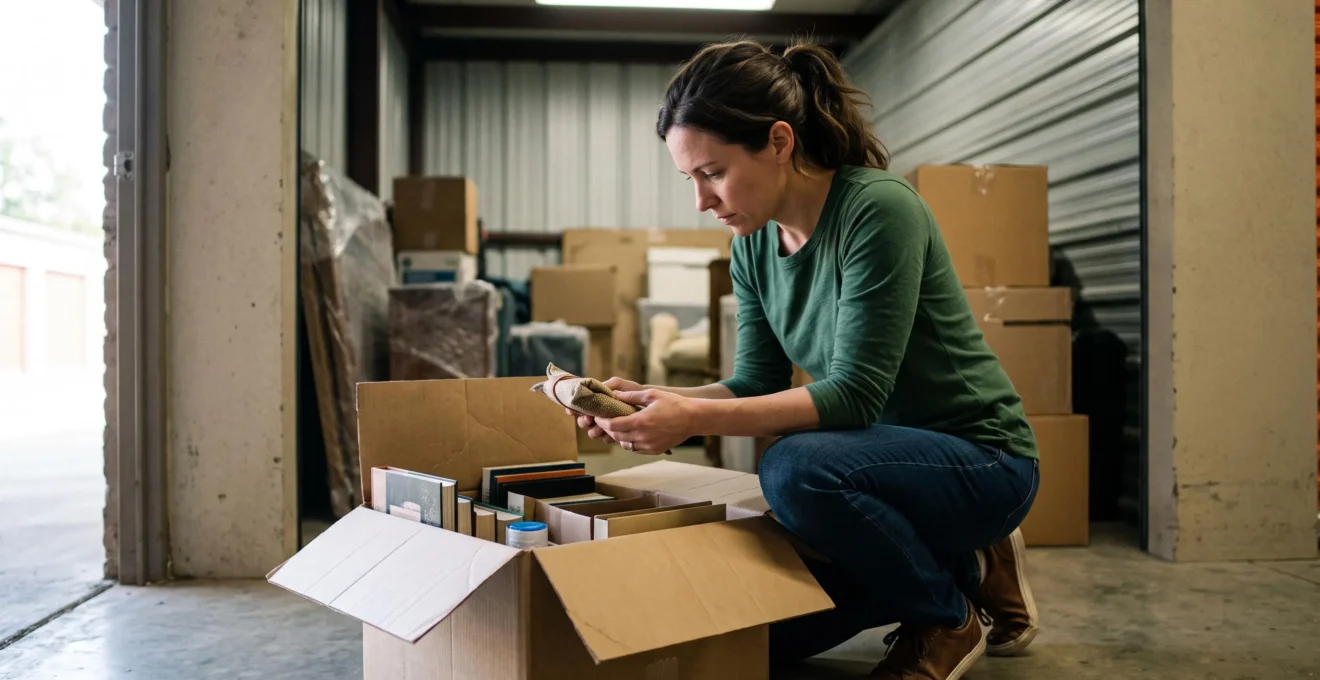 Personne accroupie inspectant le contenu d'un carton ouvert à l'intérieur d'un box de stockage