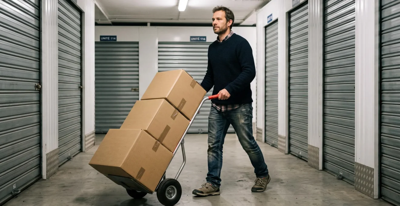 Personne poussant un chariot chargé de cartons dans le couloir d'une installation de boxes de stockage