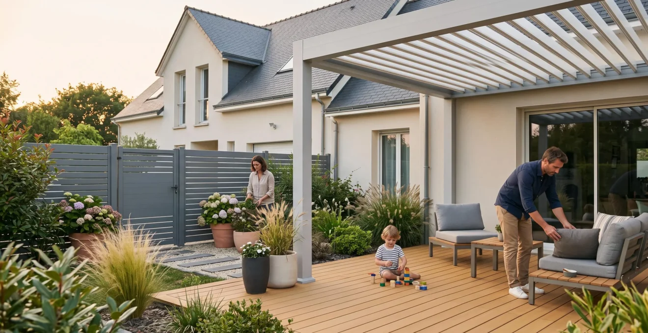 Vue d'ensemble d'un espace extérieur résidentiel moderne avec pergola bioclimatique, terrasse en composite et clôture contemporaine, famille utilisant l'espace en fin de journée