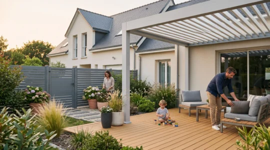 Vue d'ensemble d'un espace extérieur résidentiel moderne avec pergola bioclimatique, terrasse en composite et clôture contemporaine, famille utilisant l'espace en fin de journée
