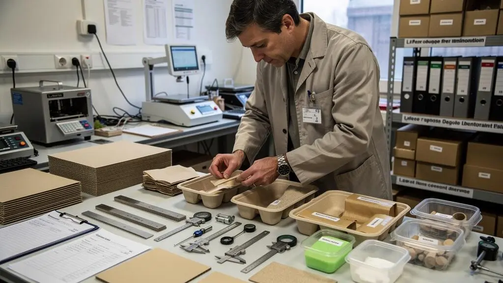 Ingénieur packaging analysant différents échantillons d'emballages alimentaires durables sur une table de travail