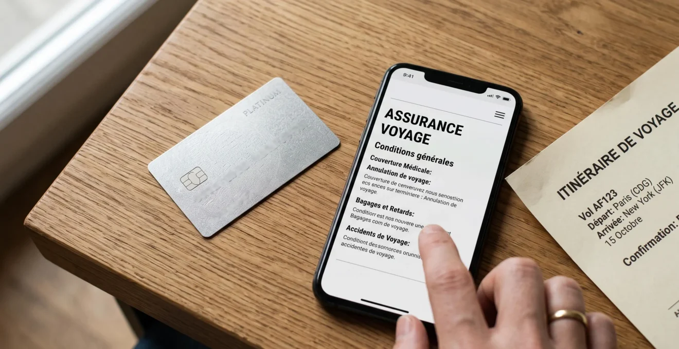Carte bancaire premium à côté d'un smartphone affichant des conditions d'assurance et d'un itinéraire de voyage