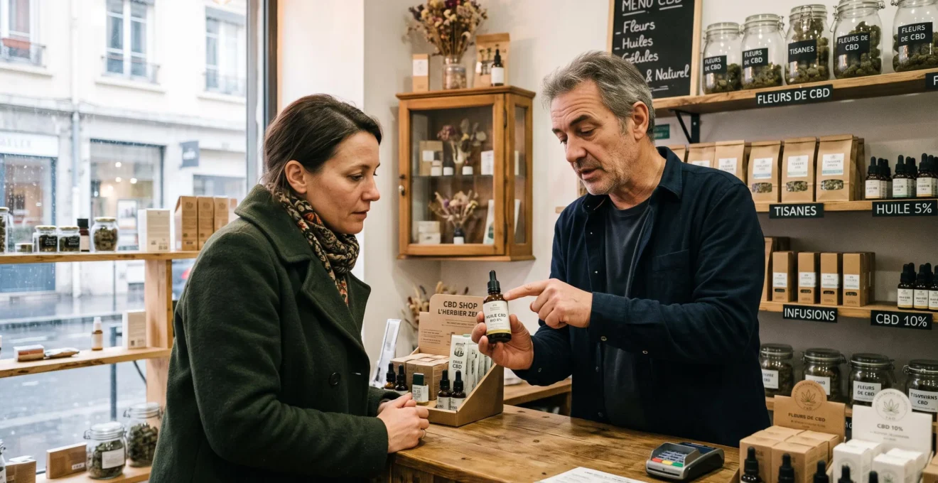 Conseiller en boutique de CBD expliquant un flacon d'huile à une cliente au comptoir.