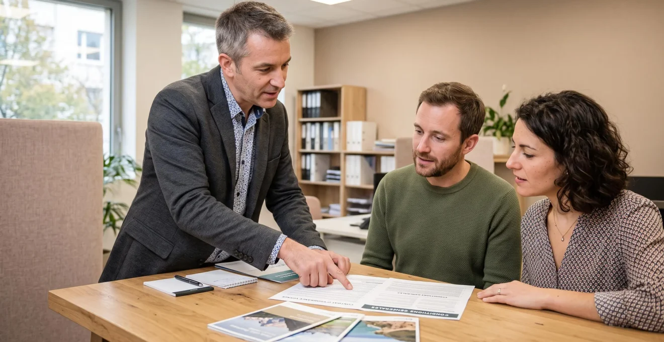 Conseiller en assurance expliquant un contrat d'assurance voyage à un couple assis à un bureau dans un environnement professionnel
