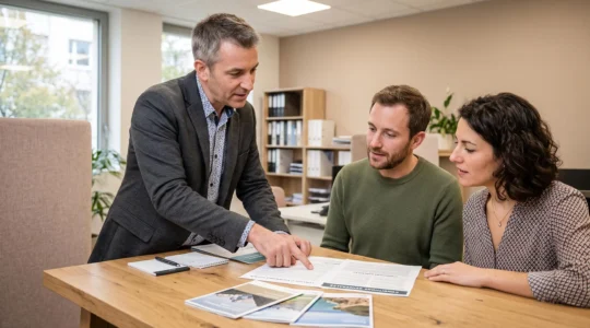 Conseiller en assurance expliquant un contrat d'assurance voyage à un couple assis à un bureau dans un environnement professionnel
