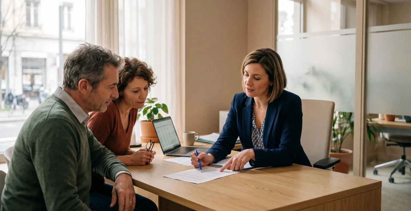 Une conseillère en assurance explique un contrat d'assurance vie à un couple assis en face d'elle dans une agence bancaire.