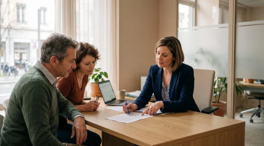 Une conseillère en assurance explique un contrat d'assurance vie à un couple assis en face d'elle dans une agence bancaire.
