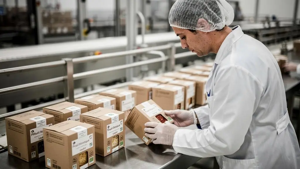 Opérateur contrôlant la qualité de produits alimentaires conditionnés en fin de ligne de production