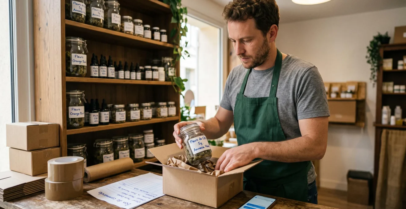 Employé d'une boutique de CBD en ligne emballant un bocal de fleurs de CBD dans un colis d'expédition sur un comptoir en bois.