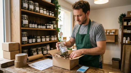 Employé d'une boutique de CBD en ligne emballant un bocal de fleurs de CBD dans un colis d'expédition sur un comptoir en bois.