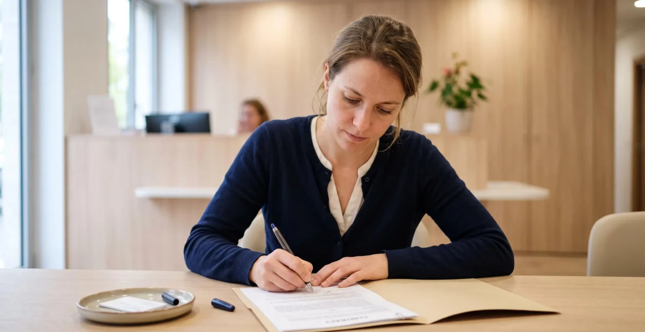Une jeune femme signe son contrat d'assurance vie au bureau d'un conseiller, stylo en main.