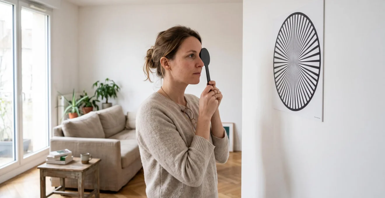 Une femme réalise le test du cadran de Parent à domicile, un œil occlus, en observant le cadran radial affiché sur le mur.