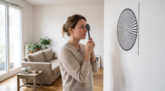 Une femme réalise le test du cadran de Parent à domicile, un œil occlus, en observant le cadran radial affiché sur le mur.