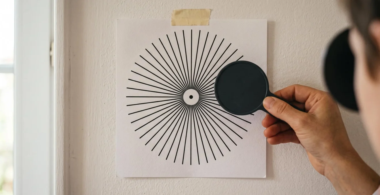 Gros plan sur une feuille du cadran de Parent fixée au mur, avec des lignes radiales noires et un cache occlusor tenu devant un œil.