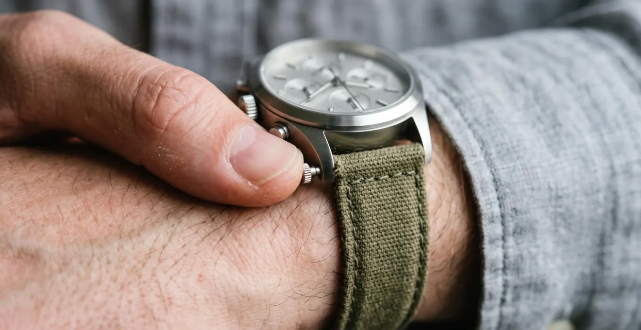 Gros plan sur un poignet masculin actionnant le système de retrait rapide d'un bracelet de montre en toile, sans outil.