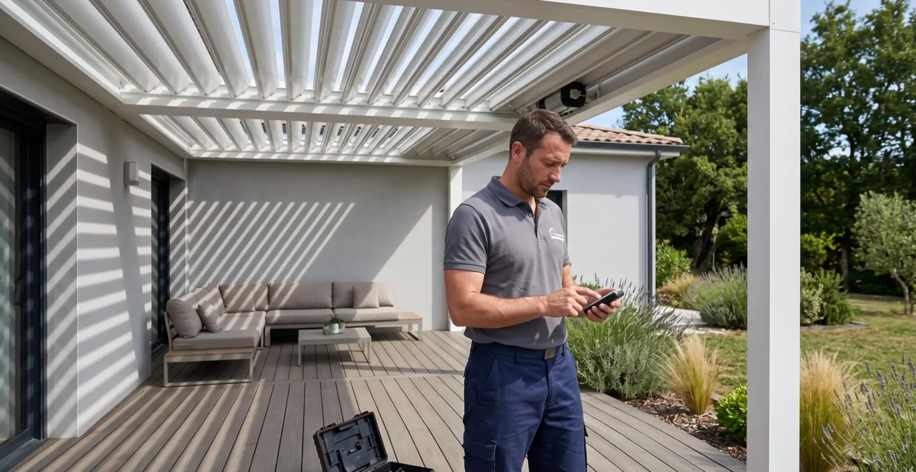 Installateur professionnel ajustant les lames orientables d'une pergola bioclimatique blanche sur une terrasse résidentielle