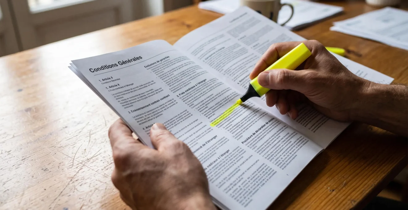 Gros plan de mains tenant un contrat d'assurance voyage et surlignant des clauses avec un marqueur jaune