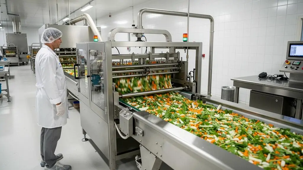 Ligne de production automatisée transformant des légumes frais dans une usine agroalimentaire moderne