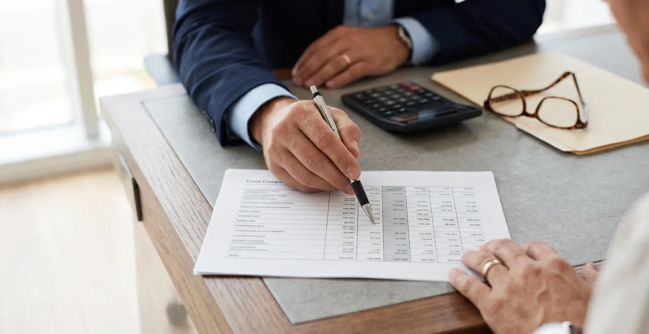 Les mains d'un conseiller et d'un client au-dessus d'un tableau de supports d'assurance vie posé sur un bureau.
