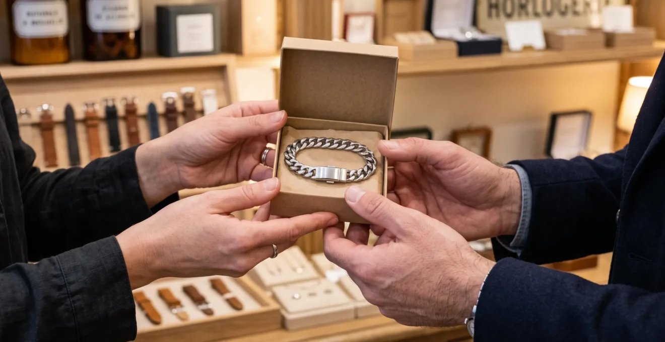 Des mains offrent un bracelet rigide en acier présenté dans une boîte cadeau en papier kraft, dans une boutique d'accessoires.