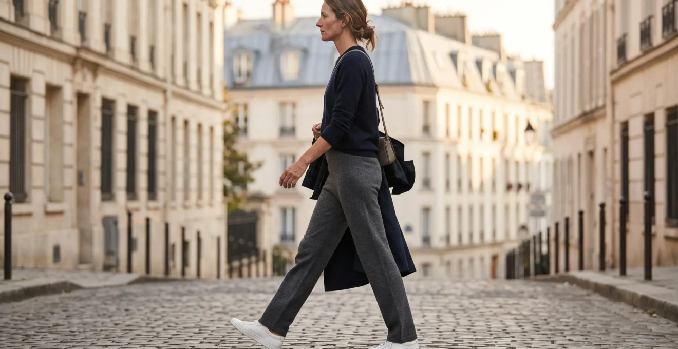 Femme de profil portant un pantalon droit en maille montrant la ligne épurée de la coupe