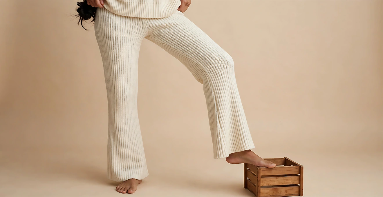 Vue rapprochée d'une femme portant un pantalon en maille évasé montrant la coupe qui s'élargit à partir du genou