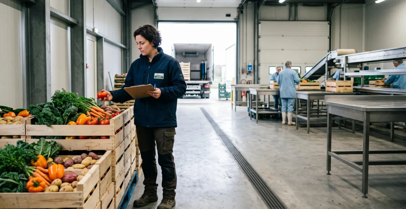 Responsable qualité inspectant des légumes frais livrés dans la zone de réception d'une usine agroalimentaire