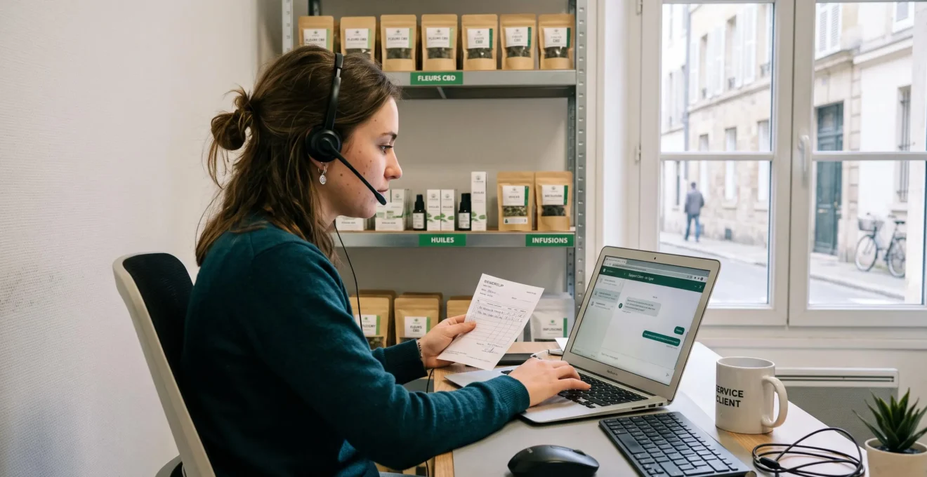Employée du service client d'une boutique de CBD en ligne répondant à un message client sur son ordinateur portable.