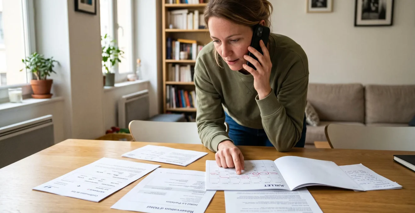 Femme au téléphone consultant un calendrier et des documents de voyage pendant la souscription d'une assurance à domicile
