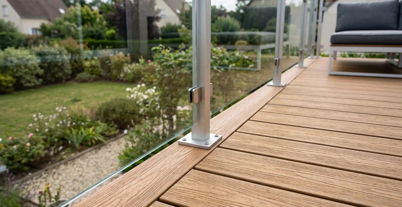 Détail d'une terrasse surélevée en composite avec garde-corps moderne en verre et aluminium, jardin visible en arrière-plan