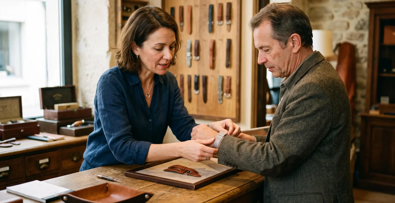 Une vendeuse conseille un client qui essaie un bracelet de montre dans une boutique horlogère, deux bracelets posés sur le comptoir en bois.