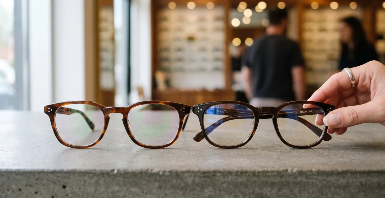 Deux paires de lunettes à monture marron avec des traitements anti-reflets différents.