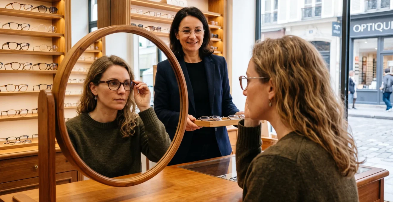 Une femme essaie des lunettes à monture marron devant un miroir en boutique.