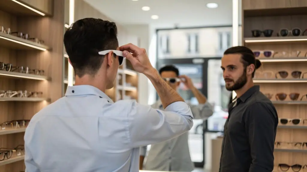 Un client essaie une monture blanche dans un magasin d'optique en France.