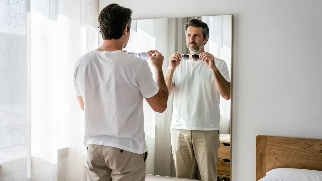 Un homme compare deux paires de lunettes à monture blanche devant un miroir.