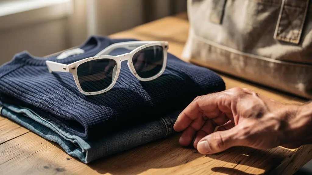 Des lunettes à monture blanche posées sur un pull marine et un jean.