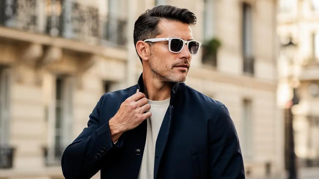 Un homme porte des lunettes de soleil à monture blanche dans une rue parisienne ensoleillée.
