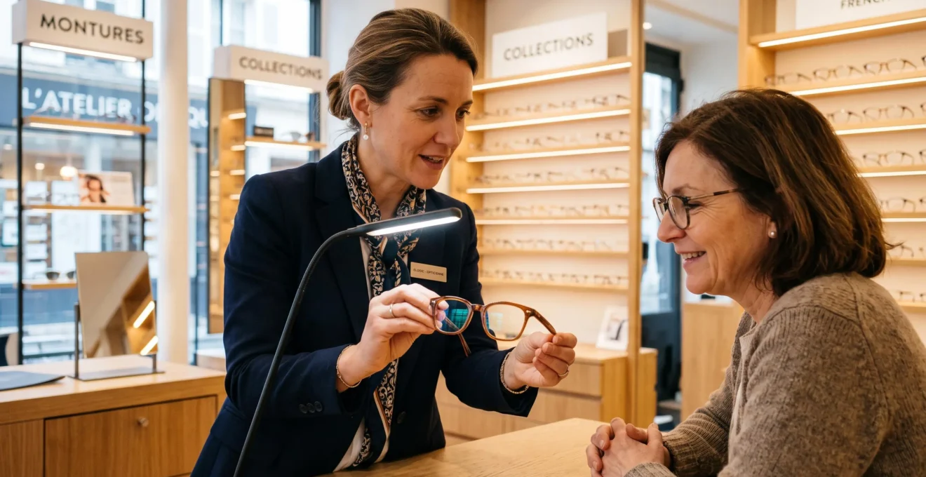 Un opticien montre les reflets des verres d'une monture marron à un client.